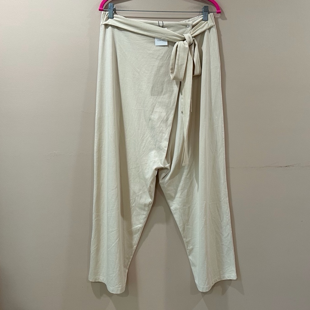New Zara Knit Wrap Front Pareo Wide Leg Pants Trousers Beige Side Tie Womens XL